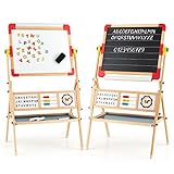 DREAMADE doppelseitige Kinder Staffelei aus Holz, Kinderstaffelei Kindertafel mit Papierrolle Whiteboard und Kreidetafel, inkl. Alphabet Marker Kreide Radiergummi