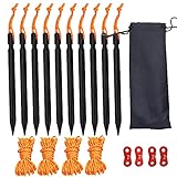JTENG Heringe Zeltheringe 10 Stck Sandheringe Aluminium Zeltheringen 18cm & 4 Stck Leuchtend reflektierend Abspannseile Seil 4m & Tasche für Wandern Strand Bergsteigen Camping Außen (Black)
