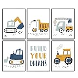 Dazzlewall 6-teilige Bauarbeiter-Lastwagen-Wanddekoration Motivationale Zitate Wandposter für Kinderzimmer Kleinkind-Jungenzimmer-Dekor 8x10 Zoll ungerahmt