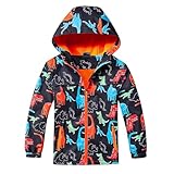 FILOWA Regenjacke Gefütterte für Jungen Softshelljacke mit Reflexionsstreifen Wasserdicht Übergangsjacke Leichte Jacke Dinosaurier Druck Outdoorjacke Funktionsjacke für Kinder Gr.116-122, Blau