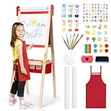 Kinderstaffelei 3-1, magnetische Kinder Kreidetafel & Whiteboard, Großer Stauraum mit Leinentasche, Staffelei Kinder, Kreide, Pinseln, Zahlen-Buchstaben-Magneten, Schürze, Geschenk für Kinder, Rot