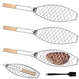 3er-Set Fisch Grillhalter mit Holzgriff, 63x12cm Große Fischbräter Fischgriller mit Griff aus Metall, Fischhalter Fischwender Grillfisch Rack Fischgrillzange Fischkorb für Grill und BBQ