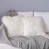 QINGLOU 2er Pack Zierkissenbezüge Deko Kissen Schaffell Lammfell Kunstfell Langhaar Zierkissen Kissenbezug Fellimitat Sofakissen Cuddly Kissen (Weiß, 45x45CM)