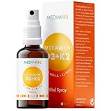 Mediakos® Vitamin D3 + K2 1.000 I.E. - Spray für Kinder & Erwachsene - Hochdosiertes & Geschmacksneutrales Vitamin D Präparat - Sonnenvitamine für Immunsystem, Zähne, Muskeln und Knochen (20ml)