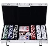 HOMCOM Pokerkoffer Pokerset 300 Pokerchips 2xKartenspiel 5xWürfel 1xAlukoffer Poker Set Jetons Koffer Alu+ Polystyrol 38x20,5x6,5 cm