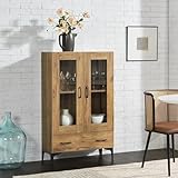 [en.casa] Vitrinenschrank Søndersø Vitrine mit Schublade und 2 Glastüren Mehrzweckschrank 70 x 31 x 115 cm Buffetschrank für Wohnzimmer Eichenoptik