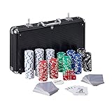 Relaxdays Pokerkoffer, 300 Pokerchips ohne Wert, 2 Kartendecks, 5 Würfel, Dealerbutton, abschließbar, Aluminium, schwarz