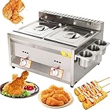 10 l + 10 l Gas-Fritteuse, kommerzielle Edelstahl-Arbeitsplatten-Fritteuse mit Korb und Abdeckung, für Restaurants und Familien, leicht zu reinigen, langlebiges Design