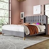 Polsterbett Doppelbett mit USB Typ C Ladefunktion. Bettgestell mit Lattenrost Gepolstertes Bett in Grau.160 x 200 cm Bettrahmen Jugendbett für Schlafzimmer Gästezimmer-Leinenmaterial