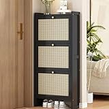 Moderner Kunststoff-Rattan-Schuhschrank mit 3 Klappregalen, freistehend, Schuhschrank für Flur, Badezimmer, Schlafzimmer, Schwarz