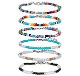 SAVITA 6 Stück Perlen Fußkettchen für Damen Türkis Bunte Böhmische Glasperlen Einstellbar Elastisches Gewinde Geschenke für Frauen Mädchen Strand Urlaub (21.5 bis 26.5 cm)