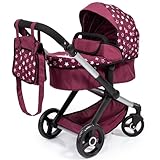 Bayer Design 17023AA Puppenwagen Xeo mit Tasche, höhenverstellbarer Griff, Schwenkschieber, wandelbar als Puppenjogger, bewegliche Vorderräder, integrierter Korb, Bordeaux, Rosa