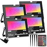 ChangM RGB LED Strahler Fluter Außen Mit Fernbedienung Objektbeleuchtung 4er Pack 50W LED Fluter Flutlichtstrahler, IP66 Wasserdicht LED Flutlicht, Garten Stimmungslichter