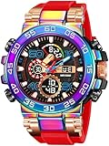 findtime Bunte Uhren Herren 5ATM Wasserdicht Digitaluhr mit Doppelzeit 12/24H Anzeig LED Datum Stoppuhr Große Herrenuhr Cooles Militär Design Rot