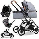 Pixini Lania 3 in 1 Kinderwagen schwarz grau Set inkl. Babywanne, Buggy Sportsitz, Auto-Babyschale i-Size zertifiziert, Kombikinderwagen kompakt faltbar EVA-Räder Komfort-Fußbremse großer Einkaufskorb