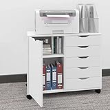PUNCIA Rollcontainer aus Holz Aktenschrank mit Universalräder Büroschrank mit 5 Schubladen und Tür Druckertisch für Akten & Dokumente Bürowagen für Büro Office Zuhause Weiß 78x40x60cm