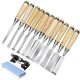 11-teiliges Holzmeißelset Hochwertige Holzschnitzereieisen mit strapazierfähigen Cr-V Stahlklingen und Holzgriff Holzbearbeitungswerkzeuge mit Honführung und Kam