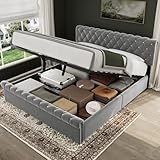 Merax Polsterbett 140 x 200cm, Hydraulisch Doppelbett mit Lattenrost & Bettkasten, Funktionsbett mit Verstellbares Kopfteil, Samt Continentalbett, für Erwachsene&Jugendliche, ohne Matratze, Grau