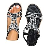 damen sandalen Sandalen Damen Sommer Elegant Boho Flache Sandalen mit Strass Glitzer T-Riemen Sommerschuhe Flip Flops Weichen Sohlen Bequem Sandaletten Freizeit 42
