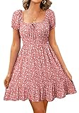 Livonmone Damen Kleid Lässig Sommerkleid Blumendruck Hohe Taille Kleider Puff Ärmel Retro Sexy Casual Tunika Beach Minikleid (Rosa, M)