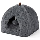 BEDSURE Katzenbett große Katzen Katzenhöhle- 40x40x40 cm Plüsch Katzenhaus Indoor mit abnehmbarem Katzenkissen und hängendem Spielzeug, Katzen Bettchen waschbar, dunkelgrau