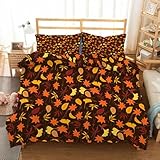 LLSZAHD Halloween Bettwäsche 135×200cm, Orangefarbene Ahornblätter Muster bettwäsche-Sets, Mikrofaser Bettbezug mit Reißverschluss und Kissenbezug 80×80cm