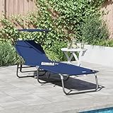 HEFZGDB Faltbare Sonnenliege mit Sonnendach Blau 600D Oxford Stoff, Verstellbare Armlehnen für Outdoor Entspannung, Wetterbeständiger UV-Schutz, Robuster Stahlrahmen bis 100 kg,