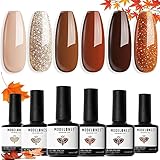 Modelones UV Nagellack Shellac Set 6 Winter Herbst Kürbis Farbe Orange Nude Braun Glitzer Gel Nail Polish French Manicure Soak Off UV Nägel Gellack für Nagelstudio Kit DIY zu Hause Salon Weihnachten