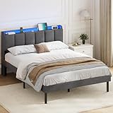 AOGLLATI Polsterbett 140 x 200 cm, Bettrahmen mit LED-Beleuchtung und Ladestation, Bettgestell mit Lattenrost, Jugendbett, Doppelbett mit Kopfteil aus Leinenstoff, Dunkelgrau (140x200 cm)