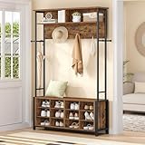 Hzuaneri Garderobenständer mit Schuhbank, Garderobe mit 13 Haken, 14 Offene Fächer, Verstellbare Regalböden, Kleiderständer für Flur, Eingangsbereich, 31 x 108 x 187 cm, Vintagebraun-Schwarz HT17901B