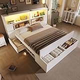 Kinderbett Doppelbett 140x200, Holzbett mit LED-Beleuchtung&USB-Ladeanschlüssen&Schubladen&Bettbank&Regalen, Bett Stauraumbett Jugendbett Funktionsbett mit Lattenrost&Stauraum, Ohne Matratze, Weiß