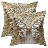 Schmetterlings-Überwurf-Kissenbezüge, elegante weiße und goldene Vintage-Dekokissen, luxuriöse Heimdekoration für Sofa, Bett, Couch, Hochzeit und Urlaub, Akzentkissen, 50,8 x 50,8 cm, 2 Stück