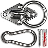 Edelstahl Halterung mit Edelstahl-Schrauben, Karabiner und Dübel - rostfrei - Augplatte mit Ring-Öse - für Sling-Trainer, Sonnensegel / Wand-Befestigung, Decken-Befestigung, Wand-Haken, Decken-Haken