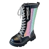 rismart Mädchen Kniehohe Reitstiefel Glitter Mode Seitenreißverschluss Runde Zehe Party Kleid Schuhe Schwarz, 34 EU