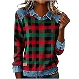 Damen Langarmshirt Rundhals Karierte Sweatshirt Casual Locker Longsleeve Shirt Mode Denim Patchwork Oberteile Pullover Tops S-3XL
