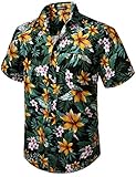 HISDERN Herren Funky Hawaiihemd Blumenhemden Kurzarm Vordertasche Urlaub Sommer Aloha Bedruckter Strand Lässig Schwarz Orange Hawaii Blumenhemd