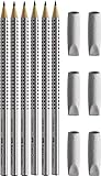 Faber-Castell - 6 Bleistifte GRIP 2001, Härtegrad: HB, Schaftfarbe: silber + 6 passende Radierkappen