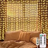 300LED lichtervorhang 3mx3m, USB lichterketten Vorhang mit Fernbedienung Timer Wasserdichte LED Lichterkette mit Haken für Hochzeit Weihnachten Innen und außen Deko (Warmweiß)