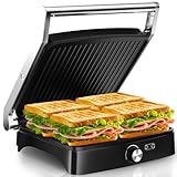 YASHE 2000W Kontaktgrill, Panini Grill mit 4 Scheiben, 180° Öffnung, Antihaftplatten, Temperatur einstellbar, Cool-Touch-Griff, Fettauffangschale – Silber/Edelstahl