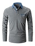 KUNJLELP Poloshirt Herren Langarm, T Shirts Männer, Hemd Herren Denim-Splice T-Shirt Golf Polo Shirt,Grau,XL
