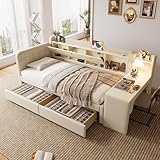 KUAKE Polsterbett Schlafsofa 90x200 cm, Daybett mit Schreibtisch und 2 Schubladen,Tagesbett mit USB + Typ C Ladefunktion und Ablagefach,Funktionsbett Gästebett mit Lattenrost, ohne Matratze (Beige)