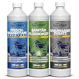 Camping Hygiene-Zusätze Set 3-teilig: Bio Sanitärflüssigkeit 1l + Frischwassertank-Reiniger 1l + Grauwassertank-Zusatz 1l - Effektive Geruchsbekämpfung & frische Sauberkeit für alle mobilen Tanks
