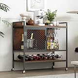 DAWNYIELD Weinschrank-Sideboard 3-stöckiger Bartisch mit Rollen Weinregal Stielglas-Halter, Netztür, industrieller Küchenschrank, Getränkeaufbewahrung, Präsentationsschrank für die Hausbar (Vintage)