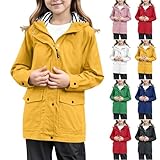 Regenjacke Mädchen Wasserdicht Winddicht Atmungsaktiv Softshelljacke mit Kapuze Leichte Übergangsjacke Reißverschluss Windbreaker Preppy Regenmantel Trenchcoat Outdoor (Yellow, 13-14 Years)
