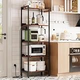 Dripex Küchenregal mit 5 Ebenen, Standregal mit Steckdose, Aufbewahrungsregale, Stahlrahmen, 8 S-Haken, freistehendes Bücherregal für Wohnzimmer, Schlafzimmer, Büro, 60x35x165cm, Vintagebraun+Schwarz