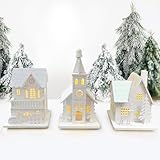 3 Stück Weihnachtsdorf mit Beleuchtung, Wichtelhaus mit Licht, Weihnachtsdeko Holz LED, Weihnachtshaus Deko, Wichteltür Weihnachten, Weihnachtsdeko Amerikanisch Innen Mini Weihnachtsstadt Außen Garten
