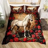 Weißes Pferd Bettdecke Set s Größe, rustikale Farm Tier Beige umkehrbare Quilt Abdeckung mit 1 Kissenbezügen, romantische rote Rose Blumen atmungsaktive Bettwäsche Set (KEIN Troster), weich