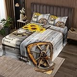 Homewish Land Scheune Tür Tagesdecke 170x210cm Bauernhaus Western Steppdecke für Jungen Mädchen Teenager,Sonnenblumen Floral Tagesdecken Vintage Landschaft Holz Brett Steppdecken Schlafzimmerdekor