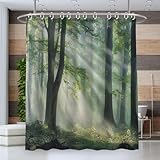 MULERN Sonnenschein Wald Duschvorhang 180 x 200 cm, Duschrollo für Badewanne Vintage Landschaft, Shower Curtains Mit 12 Haken, Duschvorhang Waschbar Wasserdicht, Duschvorhänge Polyester Stoff