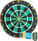 Schöne Türkis Dartscheibe Dartboard mit Goldener Zahlenring & Pfeilen - Profi Steeldartscheibe aus Sisal - Dart Scheibe Target mit 6 Dartpfeilen Metallspitze golddart Flight Barrels shafts schäfte